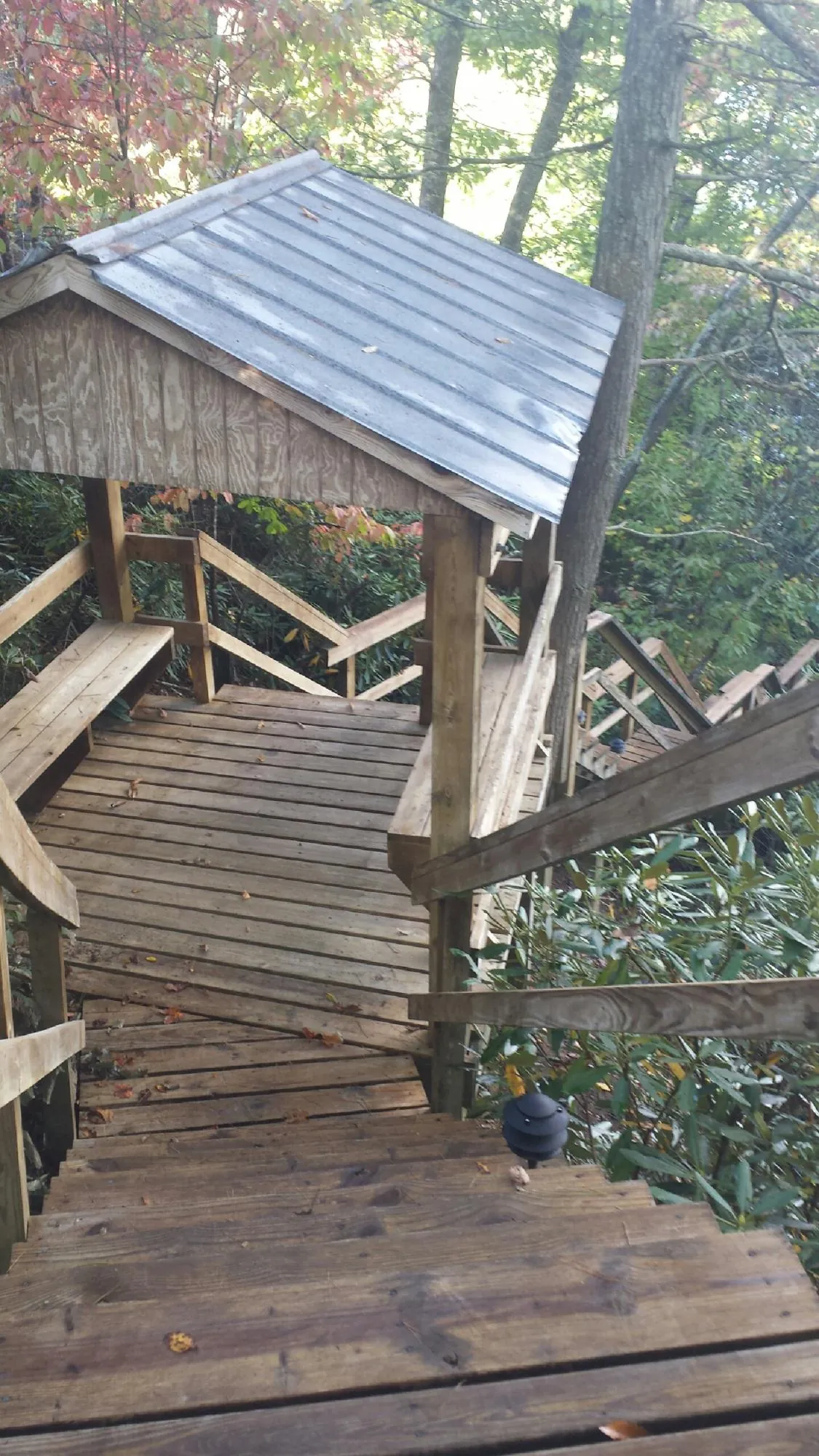 Metal roofed shelter over wooden steps on a wooded walkway — Skylight Repair & Installation work by our crew in Grantville